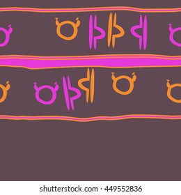 Horizontal seamless  pattern of zodiac signs, doodles,  object, taurus,libra, stripes, spot, copy space. Hand drawn.