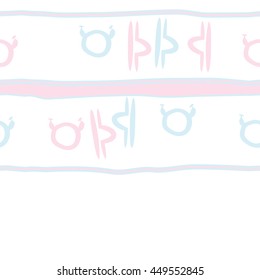 Horizontal seamless  pattern of zodiac signs, doodles,  object, taurus,libra, stripes, spot, copy space. Hand drawn.