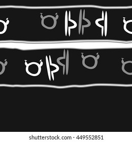 Horizontal seamless  pattern of zodiac signs, doodles,  object, taurus,libra, stripes, spot, copy space. Hand drawn.