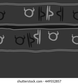 Horizontal seamless  pattern of zodiac signs, doodles,  object, taurus,libra, stripes, spot, copy space. Hand drawn.