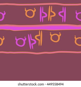 Horizontal seamless  pattern of zodiac signs, doodles,  object, taurus,libra, stripes, spot, copy space. Hand drawn.