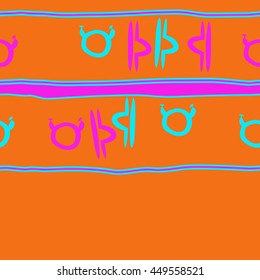 Horizontal seamless  pattern of zodiac signs, doodles,  object, taurus,libra, stripes, spot, copy space. Hand drawn.