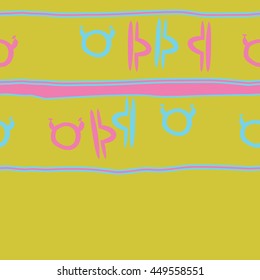 Horizontal seamless  pattern of zodiac signs, doodles,  object, taurus,libra, stripes, spot, copy space. Hand drawn.