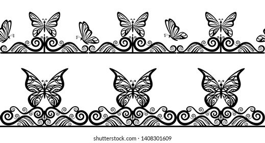 Horizontal Seamless Patterns with Butterflies Black Contours on Tile White Background. Vector