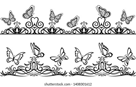 Horizontal Seamless Patterns with Butterflies Black Contours on Tile White Background. Vector