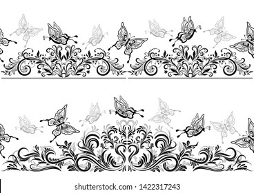 Horizontal Seamless Patterns with Butterflies Black and Grey Contours on Tile White Background. Vector