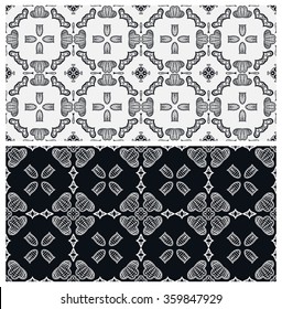 Horizontal seamless patterns collection, floral geometric and lace texture for banners design, Wedding, Valentine's day, greeting Cards or Birthday Invitations, fabric or paper print. Black and white