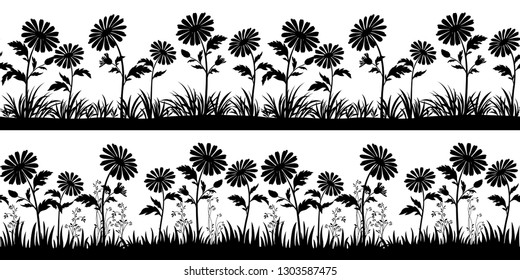 Horizontal Seamless Patterns, Summer or Spring Landscapes, Isolated on White Background Flowers and Grass Black Silhouettes. Vector