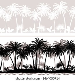 Horizontal Seamless Patterns, Summer Tropical Forest, Tile Landscapes with Exotic Palms Trees and Grass, Black and Grey Silhouettes on White and White on Grey Background. Vector