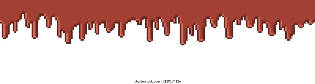 Horizontal seamless pixel art melted dripping milk chocolate ganache isolated on white background. Hot caramel sauce for cakes. Cocoa syrup for desserts. Retro 8 bit sweet dipping top border clip art.