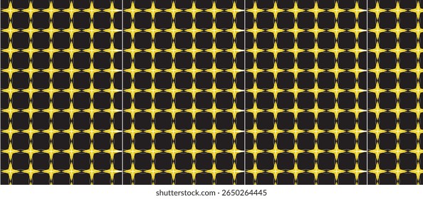 Horizontal Seamless Repeating Pattern Featuring Golden-Yellow Star Motifs Arranged in Grid-Aligned Squares on Black Background ,Symmetrical Ornamental Design with Subtle Textured Finish for Elegant D
