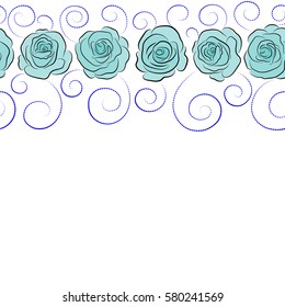 Horizontal seamless rose pattern with copy space (place for your text). Sketch with blue flowers. Hand drawn.