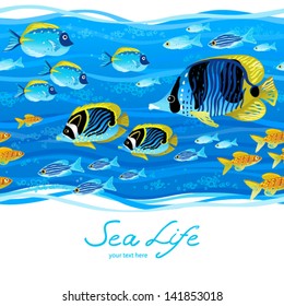 Horizontal seamless sea border. Colorful tropical fish. It can be used for wallpaper, pattern fills, web page background, surface textures, decoration for bags and clothes.