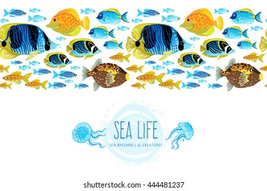 Horizontal seamless sea life border. Ocean pattern with colorful tropical fishes. Bright marine decor for wallpaper. Blue summer background. Maritime illustration.