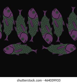 Horizontal seamless sea  pattern,   hole, spots,waves,scale, fishes, doodles,  copy space . Hand drawn.