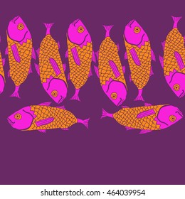 Horizontal seamless sea  pattern,   hole, spots,waves,scale, fishes, doodles,  copy space . Hand drawn.