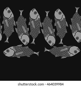 Horizontal seamless sea  pattern,   hole, spots,waves,scale, fishes, doodles,  copy space . Hand drawn.