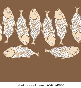 Horizontal seamless sea  pattern,   hole, spots,waves,scale, fishes, doodles,  copy space . Hand drawn.