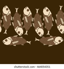 Horizontal seamless sea  pattern,   hole, spots,waves,scale, fishes, doodles,  copy space . Hand drawn.