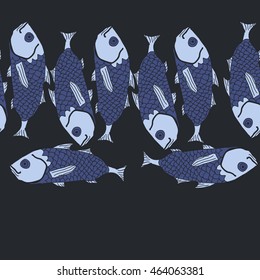 Horizontal seamless sea  pattern,   hole, spots,waves,scale, fishes, doodles,  copy space . Hand drawn.