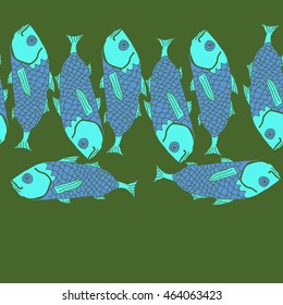 Horizontal seamless sea  pattern,   hole, spots,waves,scale, fishes, doodles,  copy space . Hand drawn.