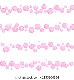 Horizontal seamless soap bubble stripes, pink naive and simple lines with water bubbles, vector