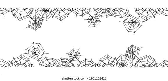 horizontal seamless spider web pattern, spooky halloween ornament, border, frame, vector illustration with black ink lines isolated on white background in doodle and hand drawn style