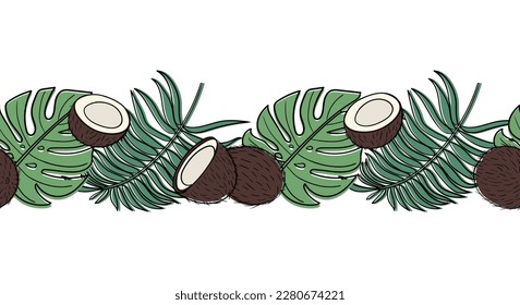 Horizontal seamless summer pattern with tropical leaves and coconuts in doodle style. Coconut pattern with leaves. Vector image.