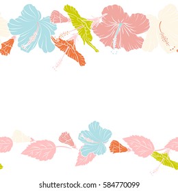 Horizontal seamless tropical flowers, hibiscus pattern with copy space (place for your text). Vector illustration in yellow and pink colors on a white background.