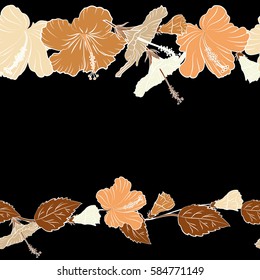 Horizontal seamless tropical flowers, hibiscus pattern with copy space (place for your text). Vector illustration in yellow, orange and beige colors on a black background.