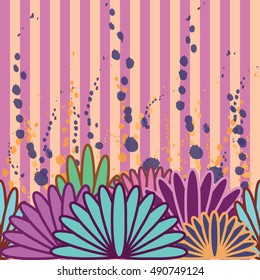 horizontal seamless vector colorful bushes and flowers on vertical striped background 