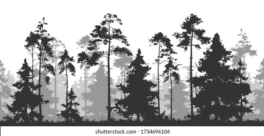 horizontal seamless vector illustration. Pine forest with deer and birds