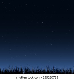 Horizontal seamless vector image. Black silhouette of grass under the night sky with a lot of stars and galaxies. 