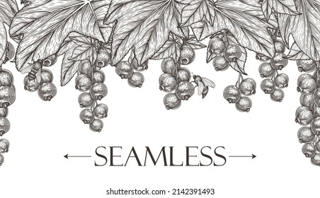 Horizontal seamless vector pattern engraving style. Garden of graphic linear currant berries and leaves