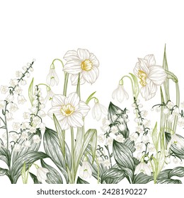 Horizontal seamless vector pattern with spring flowers. Daffodils, snowdrops and lilies of the valley svg