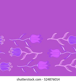 Horizontal seamless vector pattern with violet and neutral tulips. Design of flowers in vintage style. Illustration of floral decoration. Ditsy flowers.