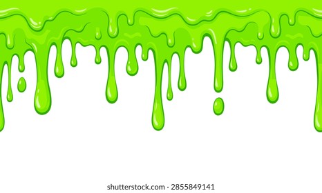 A horizontal seamless vector-style border featuring neon green slime or toxic goo dripping down from the top. The design includes highlights and shadows for a glossy, liquid effect against a clean white background.
