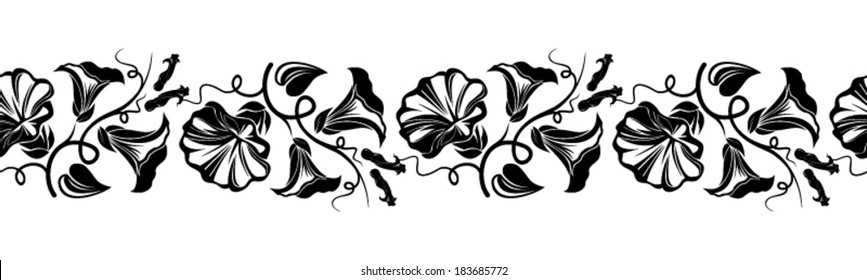 Horizontal seamless vignette with bindweed flowers. Vector illustration.