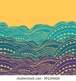 Horizontal seamless water pattern, hand-drawn waves vector, blue, purple and yellow wave background, can be used for invitations, postcards, flyers, cup, greeting cards, Eps 8