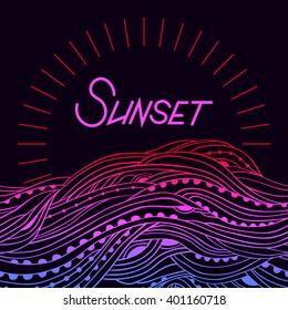 Horizontal seamless wavy border with place for text, hand-drawn waves vector, dark abstract sunset background, Eps 10
