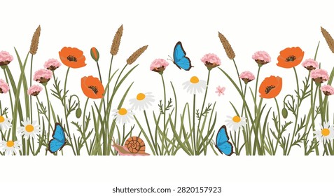 Horizontal seamless wildflower border illustration featuring red poppies, white daisies, pink blossoms, blue butterflies, and a snail among green grass on a white background.