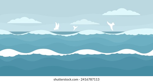 Horizontal seascape with big waves, cloudy sky, clouds and white seabirds, seagulls. Stormy sea. Storm in the ocean. White foam on the waves. Flat illustration style.