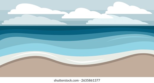 Horizontal seascape with big waves, cloudy sky, clouds. Stormy sea. Storm in the ocean. White foam on the waves. Flat illustration style.