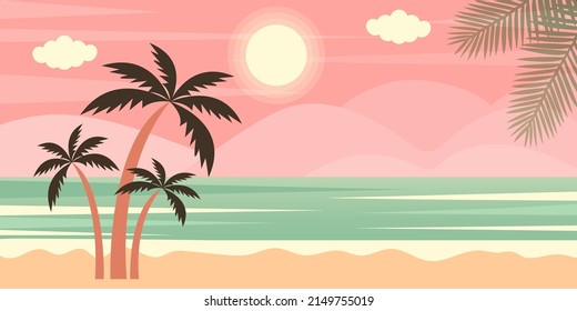 Horizontal seascape with palms and mountains. Tropical summer landscape. Vector illustration.