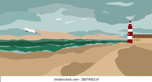 Horizontal seascape poster with cut-out simple shapes in a trendy flat style. Lighthouse on the sandy coast of the ocean with seagulls and dark clouds in the sky. Wall decor. Vector illustratration.