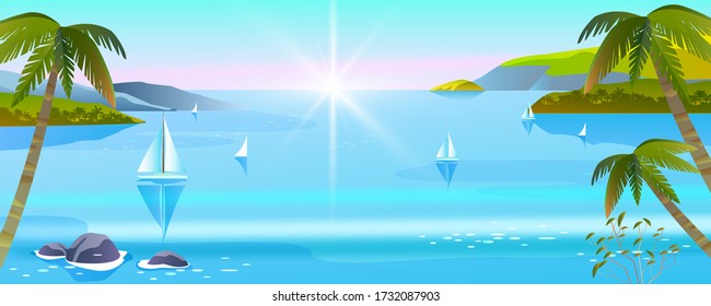 Horizontal seascape with water, island, palm trees and boats. Exotic summer background in flat style. Tropical view with sea, sails, sky and sun flare. 