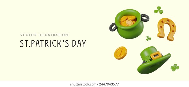 Horizontal seasonal poster for St. Patrick Day. Floating 3D elements