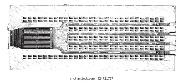 Horizontal section of the furnace refractory bricks, vintage engraved illustration. Industrial encyclopedia E.-O. Lami - 1875.