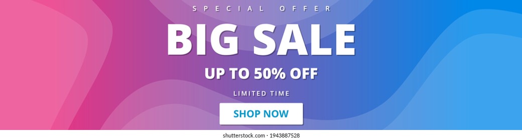 Horizontal selling banner. Colored wide banner with pink and blue gradation geometric modern background for sale, special offer, clearance. Vector illustration EPS10.