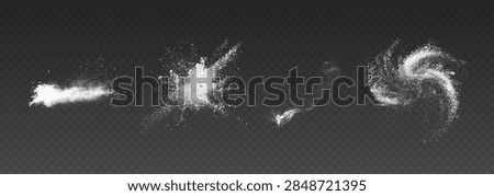 A horizontal sequence of four white powder explosions, dust bursts, and swirling particle clouds isolated on a dark transparent background, suitable as a PNG graphic overlay.